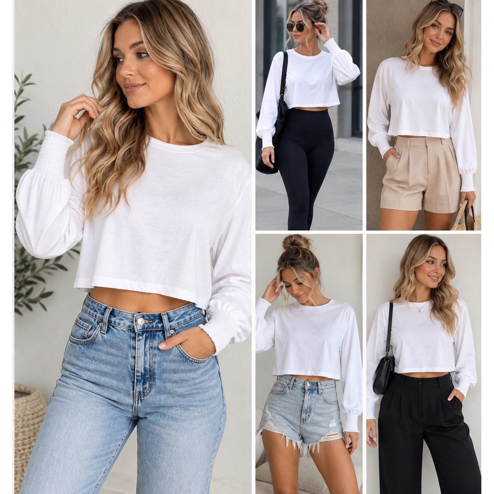 Double Zero Crop Top Women L White Cotton Modal Smocked Cuff Long Sleeve Tee